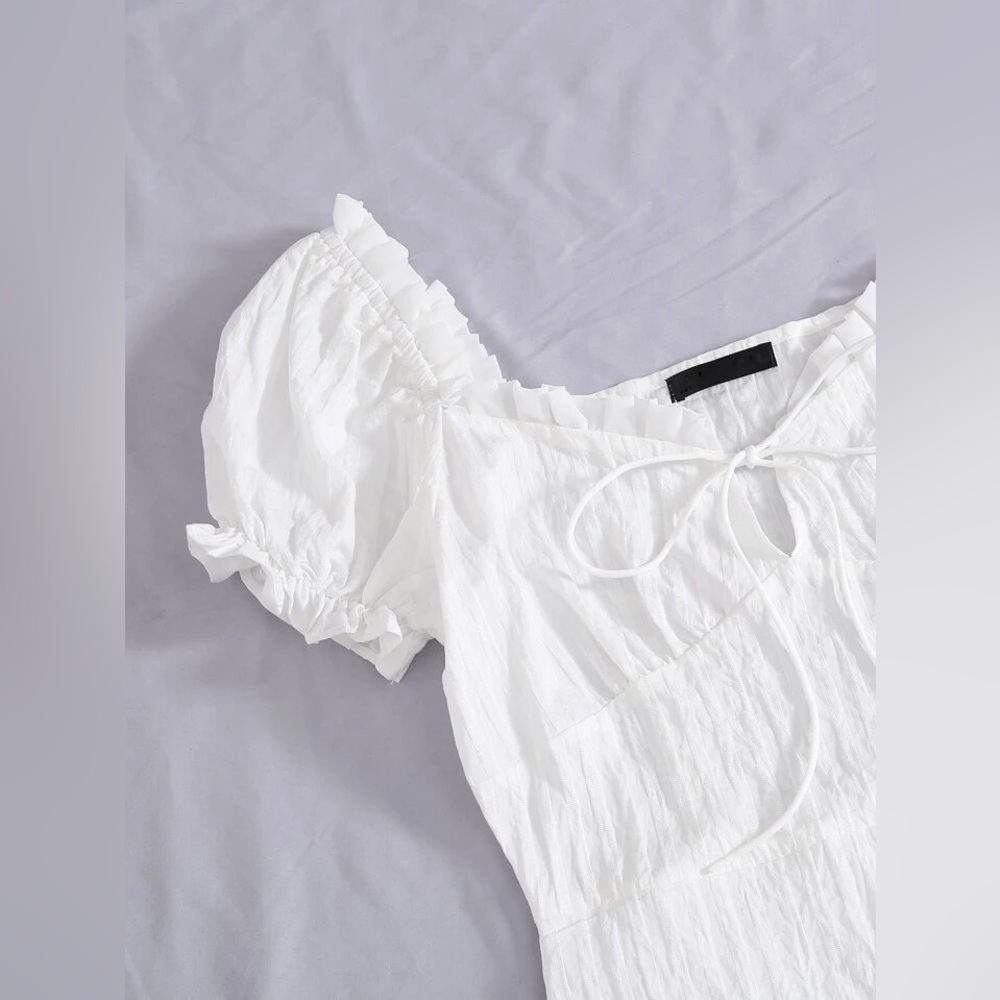 White Frill Trim Tie Front Crinkle Dress - Picture 3 of 8